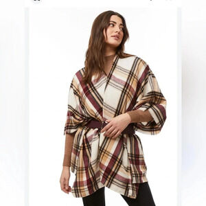 Woolrich Blanket Shawl Flannel Plaid Scarf Wrap Tan Red White Open Front Fall